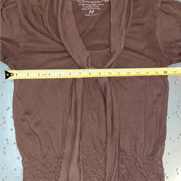 Project E Vintage Brown Short Sleeve Scarf Tie Style Blouse Top Medium - Picture 9 of 9
